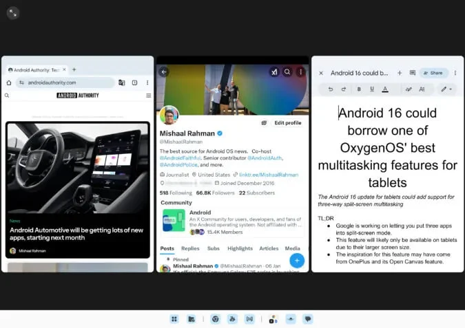 Android 16 Three-Way Split-Screen Mode on Tablets