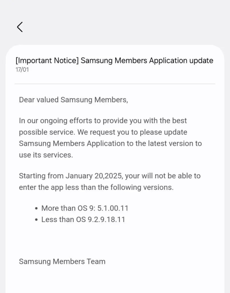 Samsung Members Update Notification - Update App Before January 20, 2025